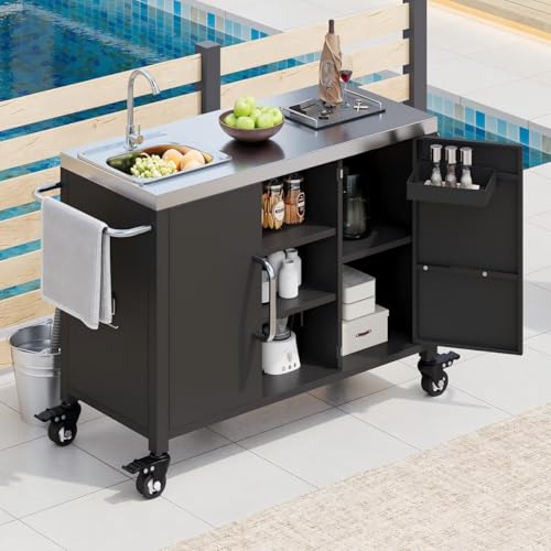 JIJIWANG 55.5" Black Kitchen Island with Sink, Metal Grill Cart Table with 304 Stainless Steel Sink, Outdoor Patio Bar Cart Sink Station with 4 Lockable Wheels for Pizza Prep L 55.5" x W 20" H 36.7"