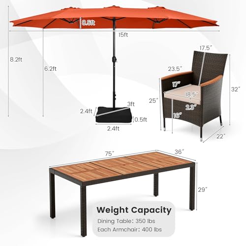Tangkula 11 Pieces Rattan Outdoor Dining Set with 15Ft Solar Patio Umbrella for 8, Outdoor Wicker Table Set with 8 Cushioned Chairs, Acacia Wood Top, Outdoor Umbrella with Base Included