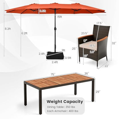 Tangkula 11 Pieces Rattan Outdoor Dining Set with 15Ft Solar Patio Umbrella for 8, Outdoor Wicker Table Set with 8 Cushioned Chairs, Acacia Wood Top, Outdoor Umbrella with Base Included