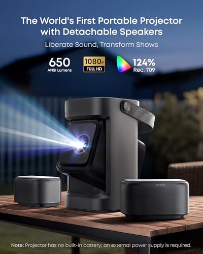 soundcore Nebula P1 Portable GTV Projector with Detachable Speakers, 650 ANSI Lumens, 1080P, 20W Truly 2.0 Surround Sound, Dolby Audio, Built-In Gimbal, Auto Adjustment, 180" Big Screen, Carry Handle