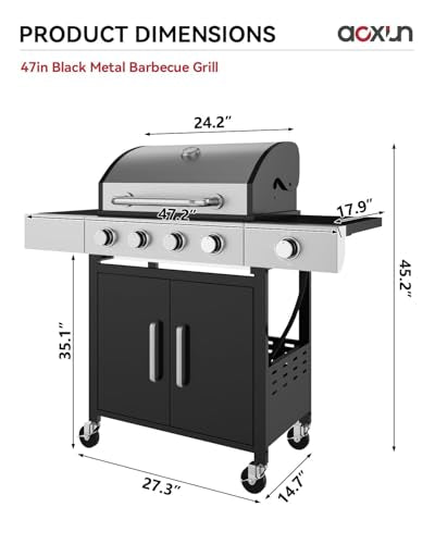 Aoxun 4-Burner Propane Grill with Side Burner, 49000 BTU Gas Grill, Stainless Steel Outdoor Grill with Cast Iron Grates & Side Tables for Backyard, Patio, Camping，Black