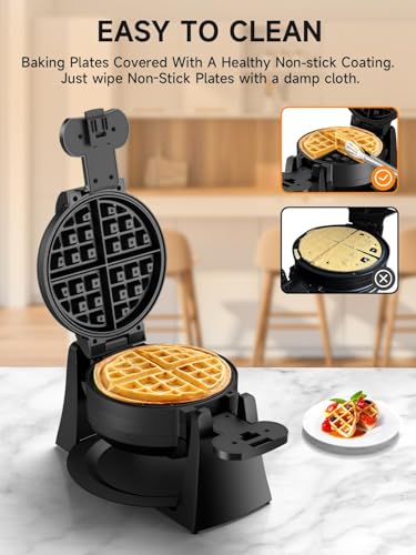 Waffle Maker, 1400W Double Belgian Waffle Iron 180° Flip, 8 Slices, Rotating & Nonstick Plates, Removable Drip Tray for Easy Cleaning, Cool Touch Handles, Space Saving Storage, Black