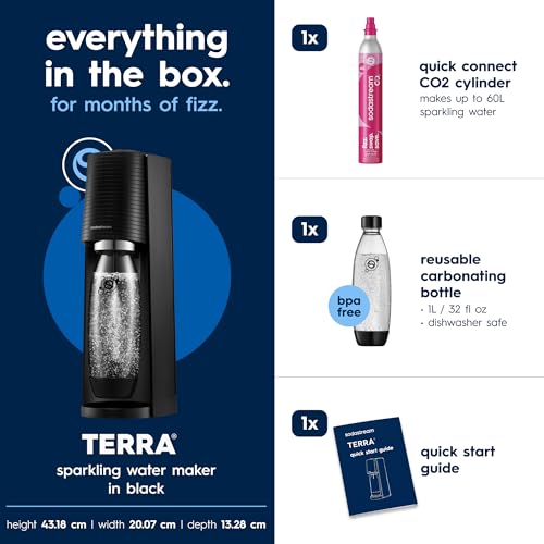 SodaStream Terra Sparkling Water Maker Machine, with 1 Litre Reusable BPA-Free Water Bottle for Carbonating & 60 Litre Quick Connect CO2 Gas Cylinder – Black