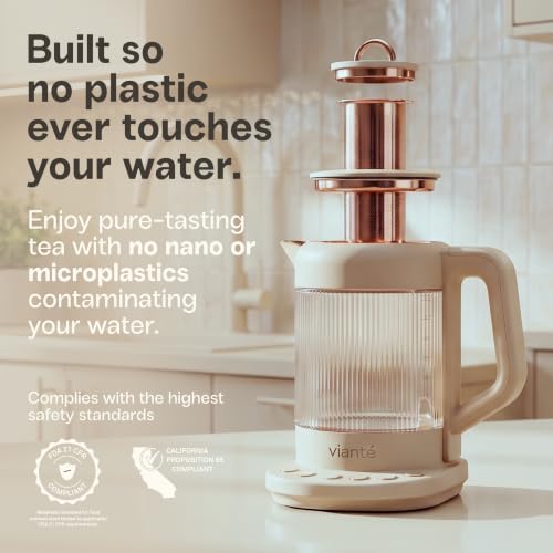 Viante Nina Electric Tea Kettle with Infuser, No Plastic In Contact With Water, 1.5L Borosilicate Glass, 304 Stainless Steel, 4 Temp Presets, Keep Warm, Cordless, Auto Shut-Off, Beige