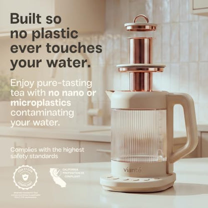 Viante Nina Electric Tea Kettle with Infuser, No Plastic In Contact With Water, 1.5L Borosilicate Glass, 304 Stainless Steel, 4 Temp Presets, Keep Warm, Cordless, Auto Shut-Off, Beige