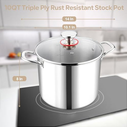 LIANYU 10 Quart Pot with Lid, 10QT Tri-Ply Heavy Duty Stock Pot, 18/10 Stainless Steel Stockpot, Canning Pasta Cooking Stockpot for Induction, Gas&Electric Cooktops, Visible Lid