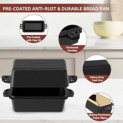 EAOENLS 9×5 Inch Cast Iron Loaf Pan with Lid, 2-in-1 Bread Baking Pans for Homemade Bread, Pre-Seasoned | Even Heat Distribution, 2 Piece Set