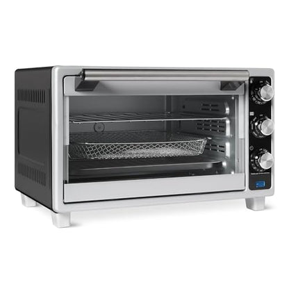 Amazon Basics 6-Slice 23-QT Toaster Oven with Built-In Air Fryer, 7-In-1 Cooking Options, 60-Min Timer & Adjustable Temperature (200°F - 450°F), With Accessories, 1500W, Stainless Steel, Silver/Gray