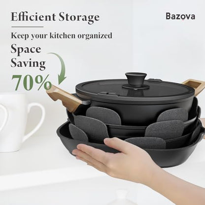 Bazova 19 Pcs Pots and Pans Set Non Stick Ceramic Cookware Set with Removable Handles, Non Toxic Induction Kitchen Cookware Sets RV Cookware,Dishwasher/Oven Safe PFAS/PTFE/PFOA Free,Black