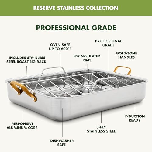 GreenPan Reserve 16" x 13" Tri-Ply Stainless Steel Roasting Pan with Roaster Rack, Multiclad Cookware, Induction Suitable, Gold Stainless Steel Handles, Dishwasher & Oven Safe, Silver
