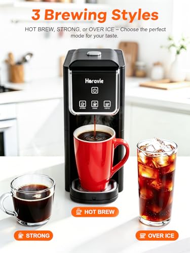 Horavie Single Serve Coffee Maker, Hot & Iced Coffee Maker for K-Pod and Grounds, Strong Brew Setting, 6-12 oz Brew Sizes One Cup Coffee Machine, Black