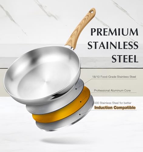 KOCH SYSTEME CS Stainless Steel Pan 10 Inch, Induction Tri-Ply Bottom Stainless Steel Frying Pan with Heat-resistant Bakelite Handle, 10 Inch Stainless Skillet with Lid for Cooking, Dishwasher Safe