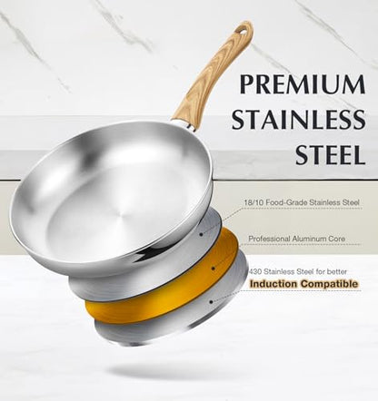 KOCH SYSTEME CS Stainless Steel Pan 10 Inch, Induction Tri-Ply Bottom Stainless Steel Frying Pan with Heat-resistant Bakelite Handle, 10 Inch Stainless Skillet with Lid for Cooking, Dishwasher Safe