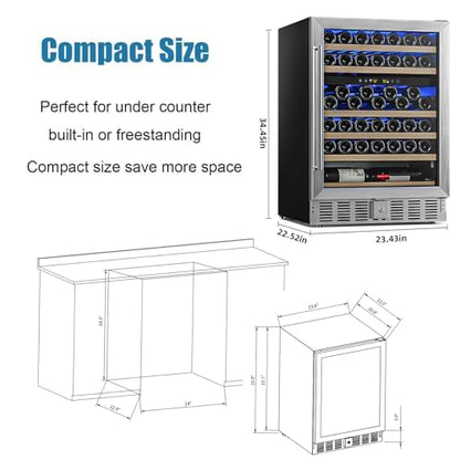 Antarctic Star 24 Inch Wine Fridge, 52 Bottle Wine Cooler Refrigerator. 39-64°F Dual Zone Wine Refrigerator Glass Door, Built in or Freestanding Under Counter Fridge for Home Bar Office