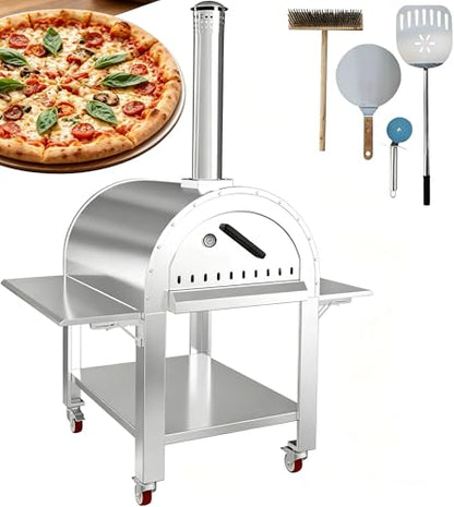 Garvee 44 Inch Pizza Oven Outdoor,Wood Fire & Propane Gas Dual Fuel with Wheels and Accessories in Stainless Steel for Restaurant, Backyard, Garden, Patio, Camping, Silver