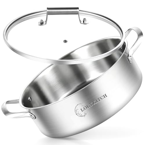 LOLYKITCH 8 Quart Stainless Steel Sauté Pan with Lid, Extra Large Deep Skillet, 13 Inch Triply Braiser Pot with Double Handles, Induction Jumbo Cooker for Family Meals, Oven Safe, 6-12 Servings