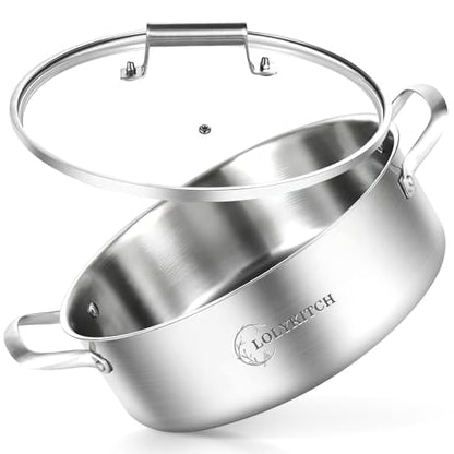LOLYKITCH 8 Quart Stainless Steel Sauté Pan with Lid, Extra Large Deep Skillet, 13 Inch Triply Braiser Pot with Double Handles, Induction Jumbo Cooker for Family Meals, Oven Safe, 6-12 Servings