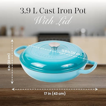 Shallow Cast Iron Casserole with Lid – Non Stick Dutch Oven Pot, Oven Safe up to 500° F – Sturdy Ovenproof Stockpot Cookware – Enamelled Cooking Pot – Blue, 5-Quart, 32cm – by Nuovva