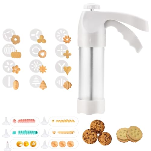 Cookie Press Gun Kit: 12 Discs & 6 Nozzles for Easy Baking. Make Spritz Cookies, Biscuits & Cheese Press. Ideal for Sweet & Cake Decorations. Includes 6 Piping Tips.