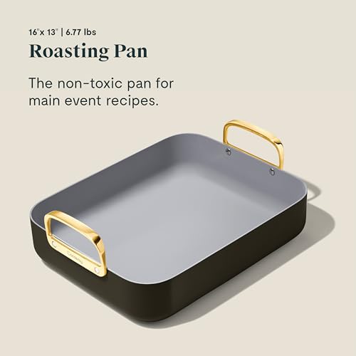 Caraway Roasting Pan - 16x13” Roasting Pan with Rack - Non-Stick Ceramic Coated - Non Toxic, PTFE & PFOA Free - Oven Safe & Compatible with All Stovetops - Black