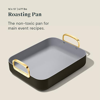 Caraway Roasting Pan - 16x13” Roasting Pan with Rack - Non-Stick Ceramic Coated - Non Toxic, PTFE & PFOA Free - Oven Safe & Compatible with All Stovetops - Black