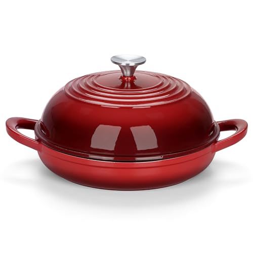 E-far Dutch Oven for Sourdough Bread Baking, 6 Qt Round Enameled Cast Iron Dutch Oven for Homemade Artisan Bread, Dome Lid & Shallow Base, Matte Black Interior & Durable, Oven-Safe to 500℉, Red
