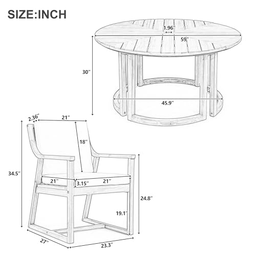 XD Designs 7-Piece Outdoor Patio Dining Set, All-Weather Acacia Wood 59'' Round Dining Table with 1.96" Umbrella Hole and 6 Arm Chairs for Backyard, Balcony, Garden, Poolside (Light Teak-2.14)