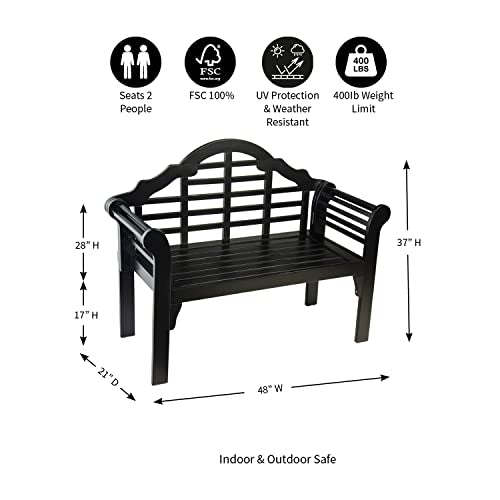 Plow & Hearth Weatherproof Lutyens Eucalyptus Wood Garden Bench | Foldable Patio Bench | Outdoor Furniture Seating for Porch Park Deck | Black