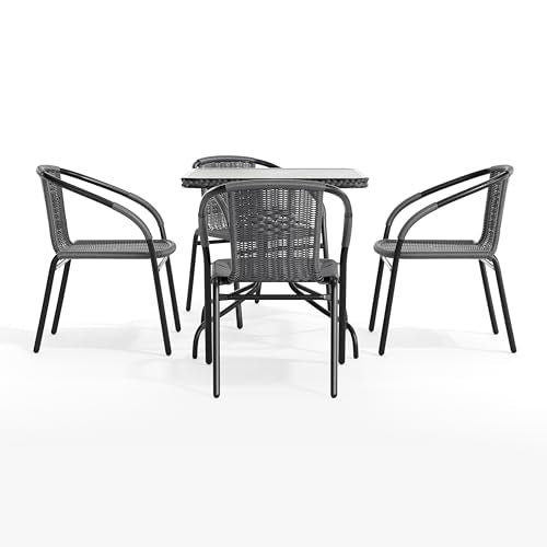 Flash Furniture 5-Piece 28" Square Indoor/Outdoor Patio Table and Chairs Set, Glass Metal Bistro Table and 4 Stacking Rattan Chairs, Gray