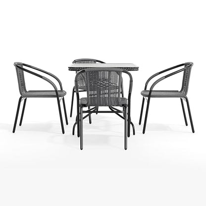 Flash Furniture 5-Piece 28" Square Indoor/Outdoor Patio Table and Chairs Set, Glass Metal Bistro Table and 4 Stacking Rattan Chairs, Gray