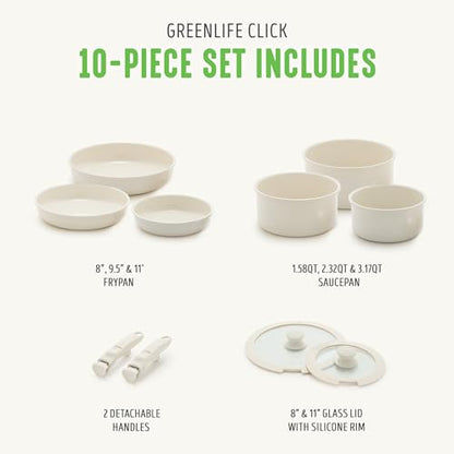 GreenLife 10 Piece Nonstick Pots & Pans Set, Detachable Handle & Stackable Cookware Set, Non Toxic PFAS-Free Skillets, Induction Kitchen Pans, Space Saving, Serving Bowls, Oven Safe, Speckled Cream