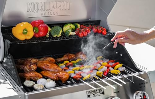 Monument Grills 4-Burner Liquid Propane Gas Grill, Silver Stainless Steel Grill Patio Garden Barbecue Grill with Clearview® Lid and One Foldable Shelf, Mesa400MF with BBQ Cover