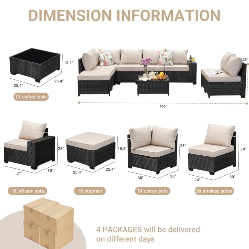 Jing's Villa 9-Piece Patio Furniture Set, All-Weather Outdoor Wicker Sectional Sofa with Cushions, Tempered Glass Table & Ottoman, Rattan Conversation Seating for Porch, Garden, Backyard,Beige