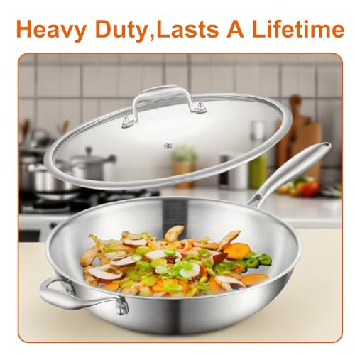 DELARLO Woks & Stir-Fry Pans, 13 in Stainless Steel Pan with Lid, With Side Ear, Large Cooking Surface, Tri-Ply Stainless Steel Wok Pan, 3 Layer Stainless Steel Saute Pan, Works on Induction, 600℉