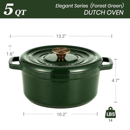 Overmont Enameled Cast Iron Dutch Oven - 5QT Pot with Lid Cookbook & Cotton Potholders - Heavy-Duty Cookware for Braising, Stews, Roasting, Sourdough Baking moss