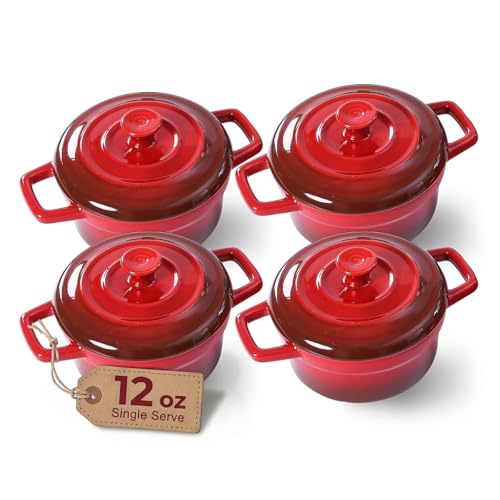 Lareina Mini Cocotte - 12oz Ceramic Casserole Dishes - Kitchen Casserole Sets With Handles And Lid - Small Baking Ramekins - Oven, Microwave & Dishwasher Safe - Set of 4 - Red