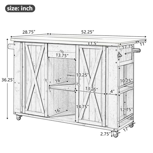P PURLOVE Outdoor Kitchen Island with Stainless Steel Top and Ample Storage Space, Fir Wood Kitchen Cabinet with Towel, Spice Racks and a Bottle Opener for Outdoor, Grey