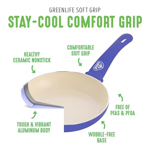 GreenLife 16 Piece Nonstick Cookware Set, Soft Grip Non-Toxic PFAS-Free Ceramic Pots & Pans, Dishwasher & Oven Safe, Frying, Sauce, Utensils, Glass Lids, Stay-Cool Handles, Wobble Free, Periwinkle