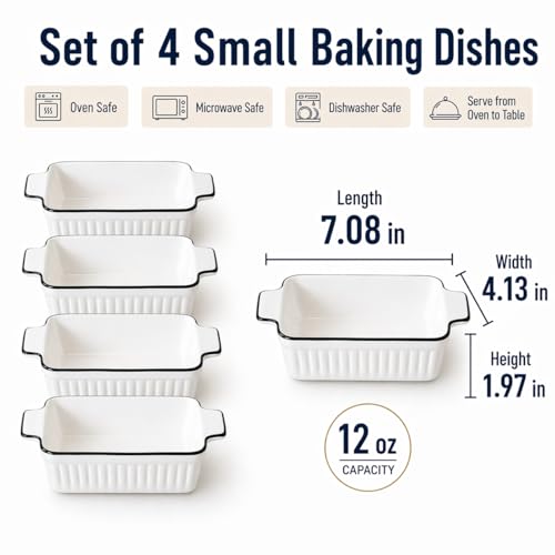 DLIM HOME 12 Oz Casserole Dish, Ceramic Baking Dishes Sets of 4, Small Casserole Dish with Handle, Porcelain Bakeware Sets, 5" Rectangular Baking Serving Dish for Casserole, Cakes, Dishwasher Oven Safe