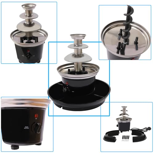 120V 40W 3-Tier Chocolate Fountain, Black Stainless Steel, 1lb Capacity, with Food Tray and 6 Forks for Parties and Gatherings