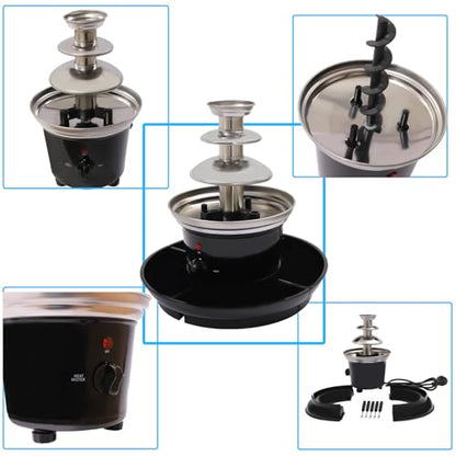 120V 40W 3-Tier Chocolate Fountain, Black Stainless Steel, 1lb Capacity, with Food Tray and 6 Forks for Parties and Gatherings