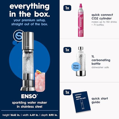 SodaStream ENSO Sparkling Water Maker, Stainless Steel Soda Maker, CQC CO2 System, Includes 1 Quick Connect 60L CO2 Cylinder, 1 Dishwasher Safe BPA Free Bottle, Make your own Pepsi, Silver