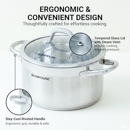 SUNHOUSE Whole-Clad 12-Quart Stainless Steel Stock Pot with Lid - Professional Whole Body Clad Stock Pot - Induction Ready, Oven Safe Dishwasher Safe Cooking Pot
