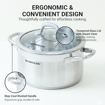 SUNHOUSE Whole-Clad 12-Quart Stainless Steel Stock Pot with Lid - Professional Whole Body Clad Stock Pot - Induction Ready, Oven Safe Dishwasher Safe Cooking Pot