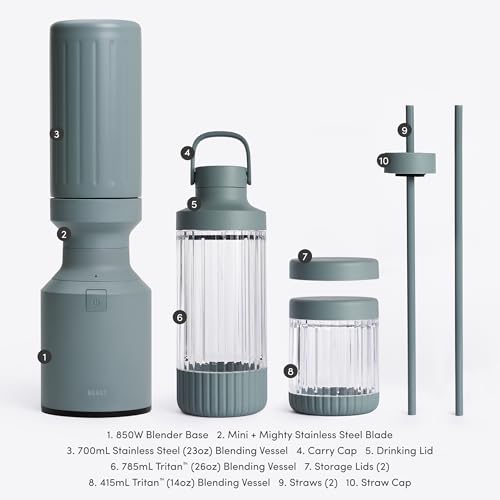 Beast Mighty 850 Stainless Steel | Compact Personal Blender | Extra Vessels | Keeps Blends Cold | Smoothies, Shakes, Sauces, Dips | Portable Straw Caps and Lids | 850W (Mist)