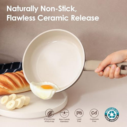 SENSARTE Ceramic Nonstick Pots and Pans Set 17pcs, Healthy Induction Cookware Set, Nontoxic Kitchen Cooking Set with Skillets & Saucepans, Stay-cool Handles, PFAS PTFE PFOA PFOS Free,Taupe