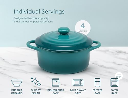 Kook Ceramic Mini Cocotte Set, Small Casserole Dishes with Lids and Handles, Individual Baking Ramekins, Oven Safe 350F, Microwave & Dishwasher Safe, Stoneware, 12 oz, Set of 4, (Aqua Ombre)