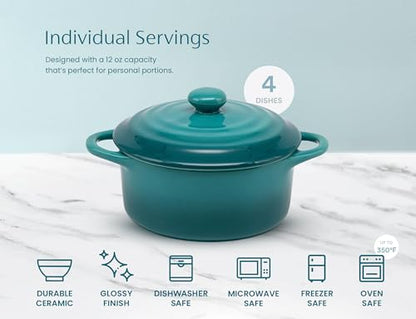 Kook Ceramic Mini Cocotte Set, Small Casserole Dishes with Lids and Handles, Individual Baking Ramekins, Oven Safe 350F, Microwave & Dishwasher Safe, Stoneware, 12 oz, Set of 4, (Aqua Ombre)