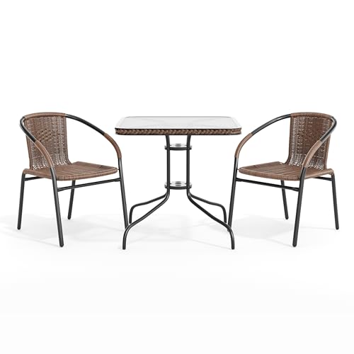 Flash Furniture Lila 3-Piece 28" Square Indoor/Outdoor Patio Table and Chairs Set, Glass Metal Bistro Table and 2 Stacking Rattan Chairs, Brown