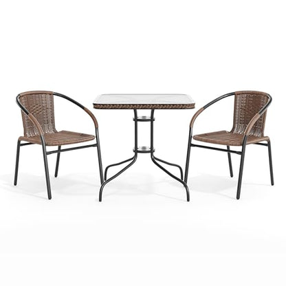 Flash Furniture Lila 3-Piece 28" Square Indoor/Outdoor Patio Table and Chairs Set, Glass Metal Bistro Table and 2 Stacking Rattan Chairs, Brown